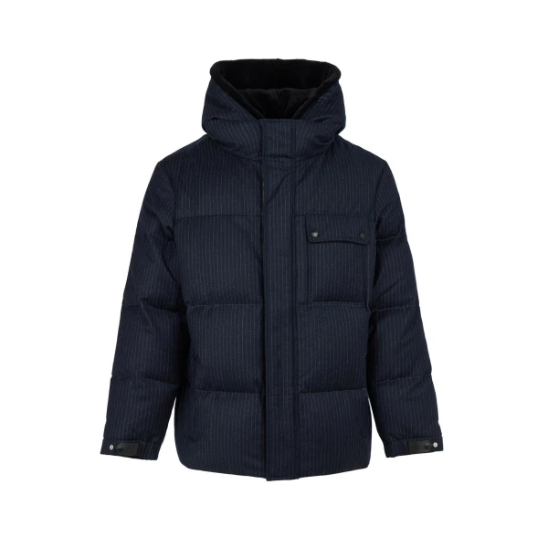 Yves Salomon Short Loro Piana Jacquard Down Jacket with Removable Mink Bib in Navy Stripe | Men Jackets | Coveti