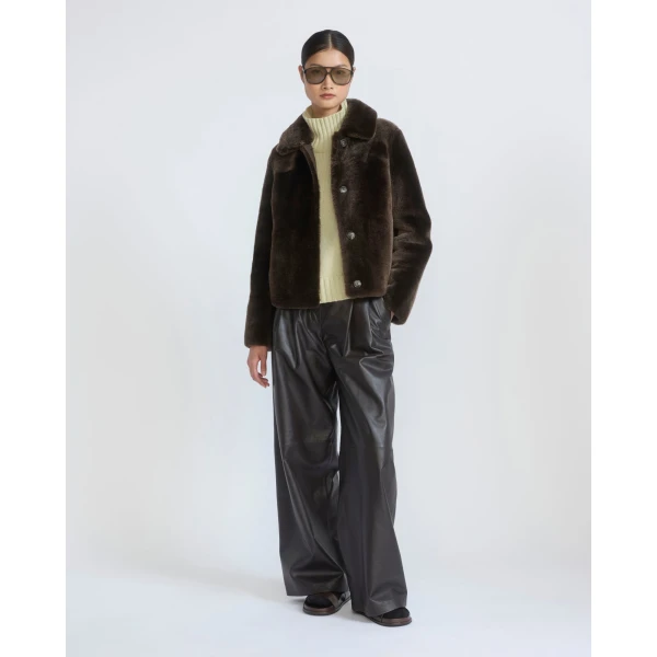 Yves Salomon Short Merino Lambskin Shearling Jacket in Brown | Shearling Jackets | Coveti