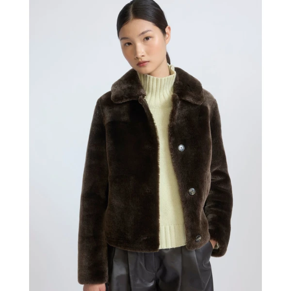 Yves Salomon Short Merino Lambskin Shearling Jacket in Brown | Shearling Jackets | Coveti