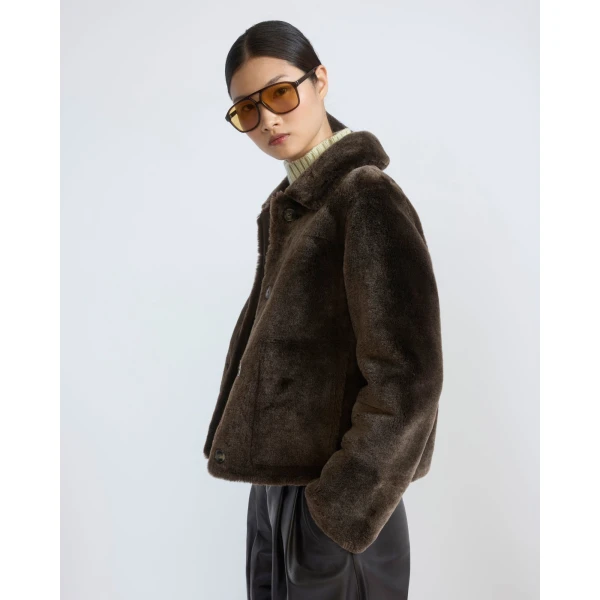 Yves Salomon Short Merino Lambskin Shearling Jacket in Brown | Shearling Jackets | Coveti