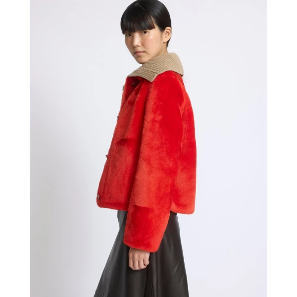Yves Salomon Short Merino Lambskin Shearling Jacket in Orange | Shearling Jackets | Coveti