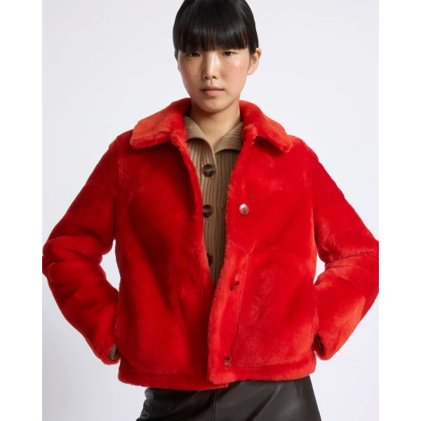 Yves Salomon Short Merino Lambskin Shearling Jacket in Orange | Shearling Jackets | Coveti