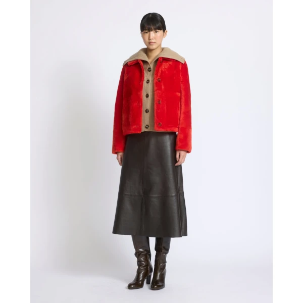 Yves Salomon Short Merino Lambskin Shearling Jacket in Orange | Shearling Jackets | Coveti