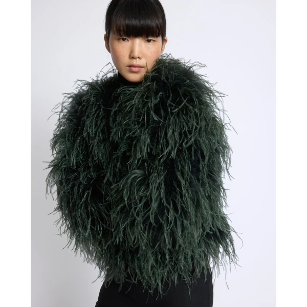Yves Salomon Short Ostrich Feather Jacket in Dark Teal | Jackets | Coveti