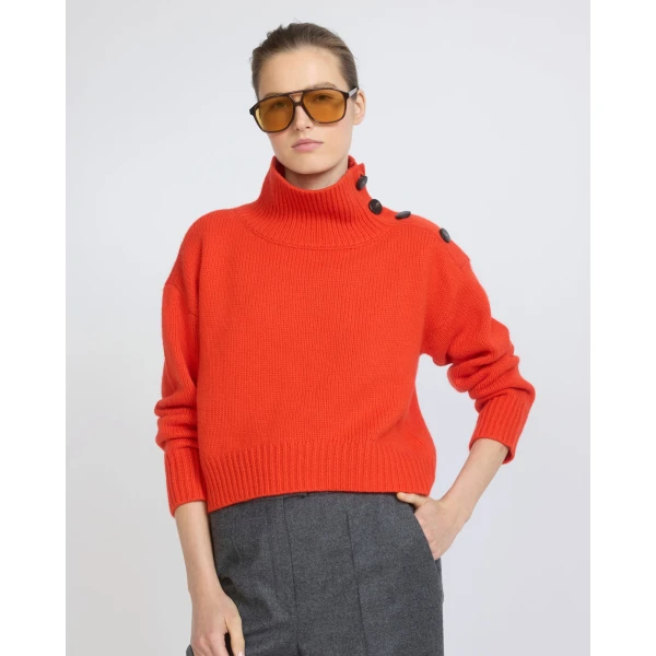 Yves Salomon Short Oversized Knitted Sweater in Red Orange | Sweaters | Coveti