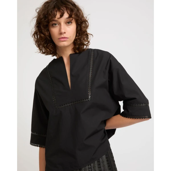 Yves Salomon Short Sleeve Poplin Blouse with Leather Details in Black | Blouse | Coveti