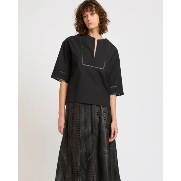 Yves Salomon Short Sleeve Poplin Blouse with Leather Details in Black | Blouse | Coveti