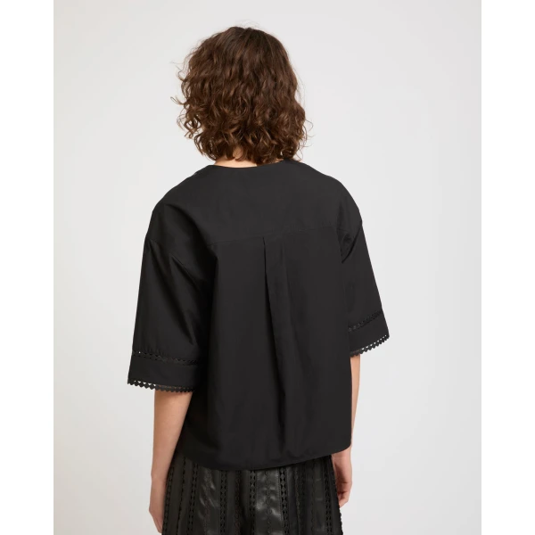 Yves Salomon Short Sleeve Poplin Blouse with Leather Details in Black | Blouse | Coveti