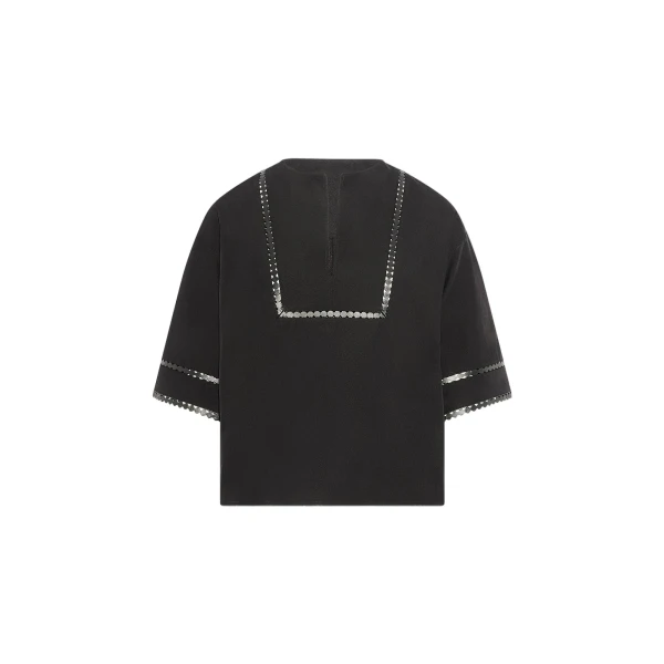 Yves Salomon Short Sleeve Poplin Blouse with Leather Details in Black | Blouse | Coveti