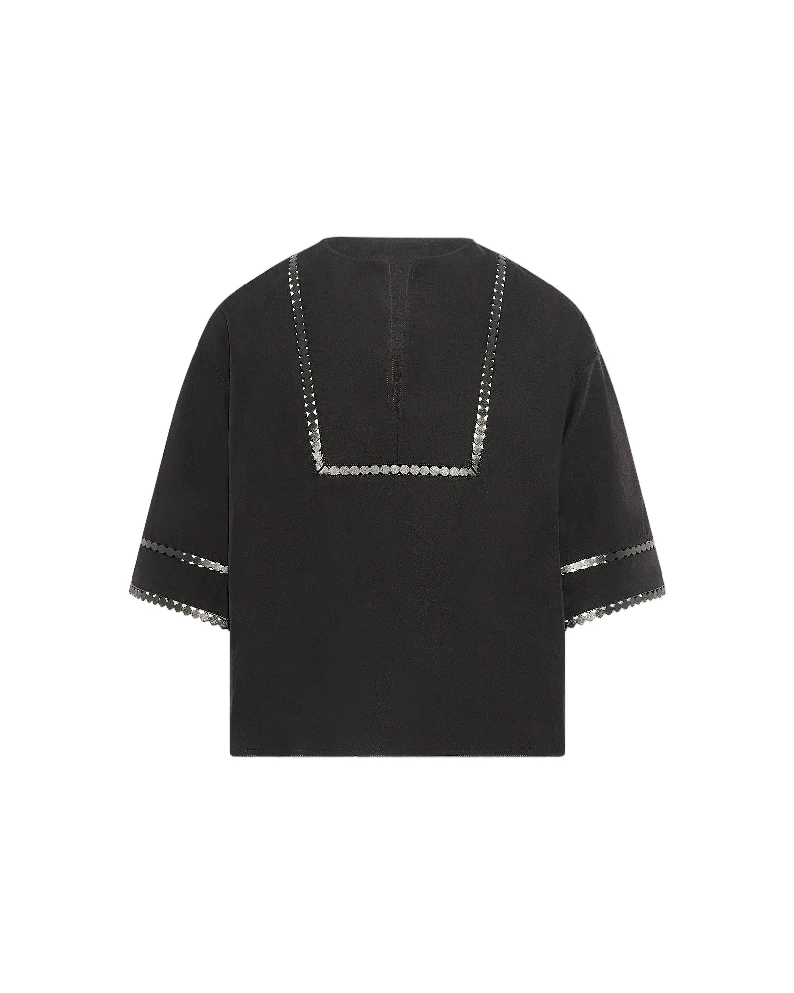 Yves Salomon Short Sleeve Poplin Blouse with Leather Details in Black Yves Salomon Short Sleeve Poplin Blouse with Leather Details in Black | Blouse | Coveti
