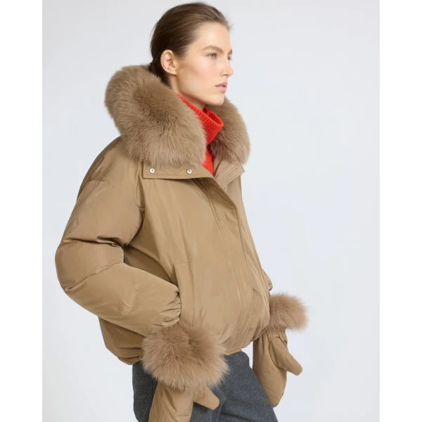 Yves Salomon Short Technical Down Jacket with Detachable Fox Fur Collar in Camel | Jackets | Coveti