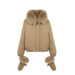 Yves Salomon Short Technical Down Jacket with Detachable Fox Fur Collar in Camel | Women | Coveti
