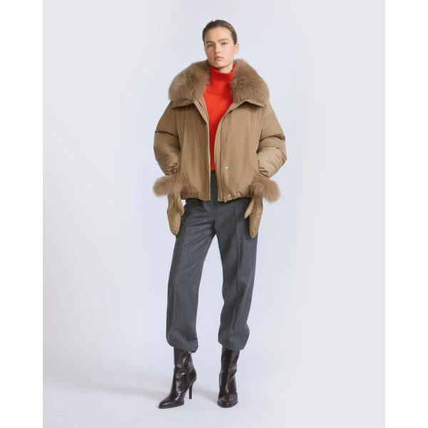 Yves Salomon Short Technical Down Jacket with Detachable Fox Fur Collar in Camel | Jackets | Coveti
