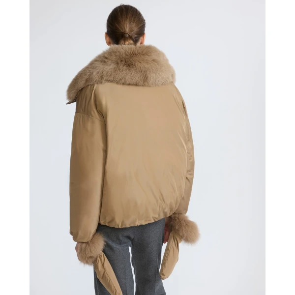 Yves Salomon Short Technical Down Jacket with Detachable Fox Fur Collar in Camel | Jackets | Coveti