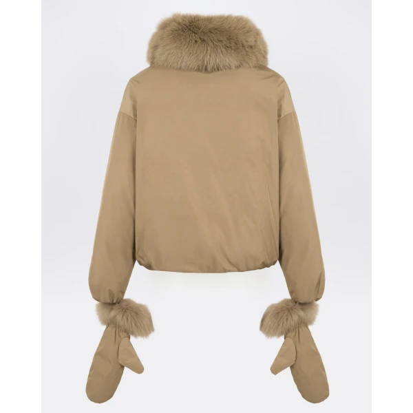 Yves Salomon Short Technical Down Jacket with Detachable Fox Fur Collar in Camel | Jackets | Coveti