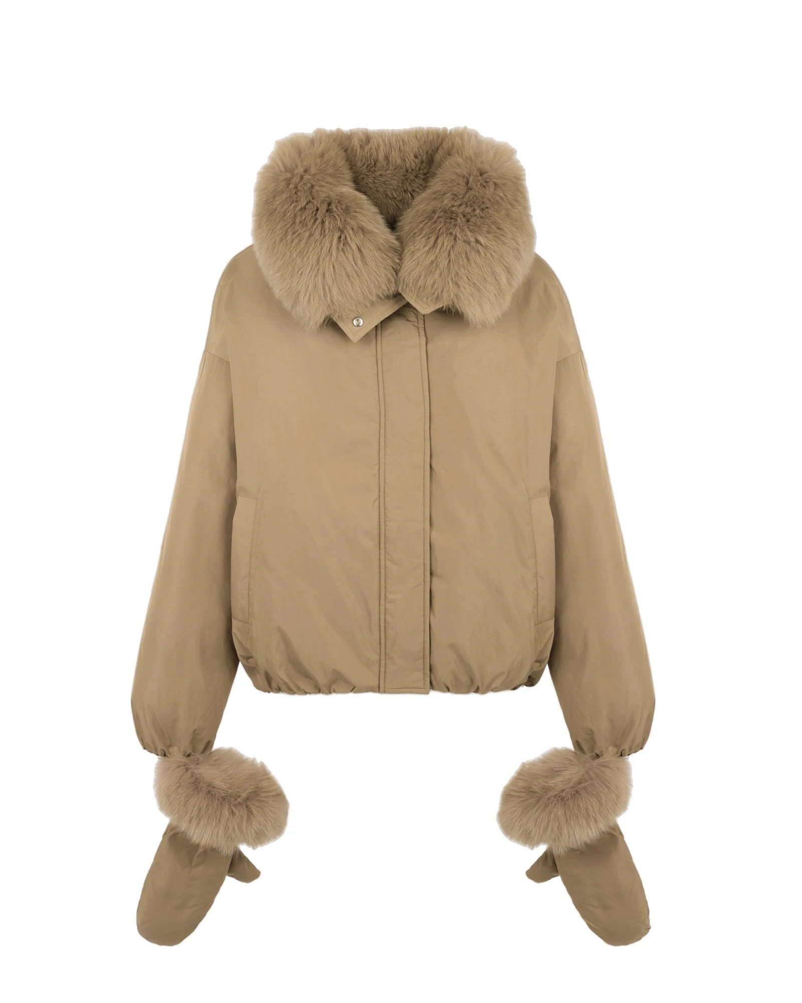 Yves Salomon Short Technical Down Jacket with Detachable Fox Fur Collar in Camel Yves Salomon Short Technical Down Jacket with Detachable Fox Fur Collar in Camel | Women | Coveti