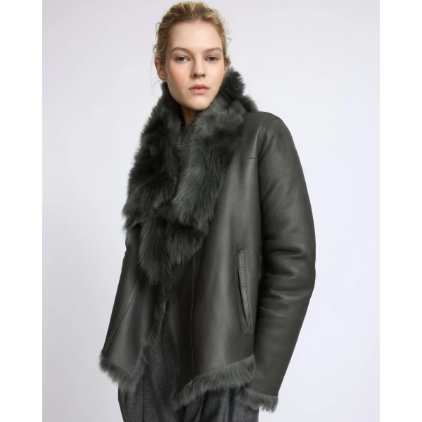 Yves Salomon Short Toscana Lambskin Jacket in Dark Green | Shearling Jackets | Coveti