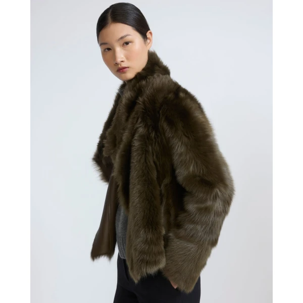 Yves Salomon Short Toscana Lambskin Jacket in Khaki Green | Shearling Jackets | Coveti