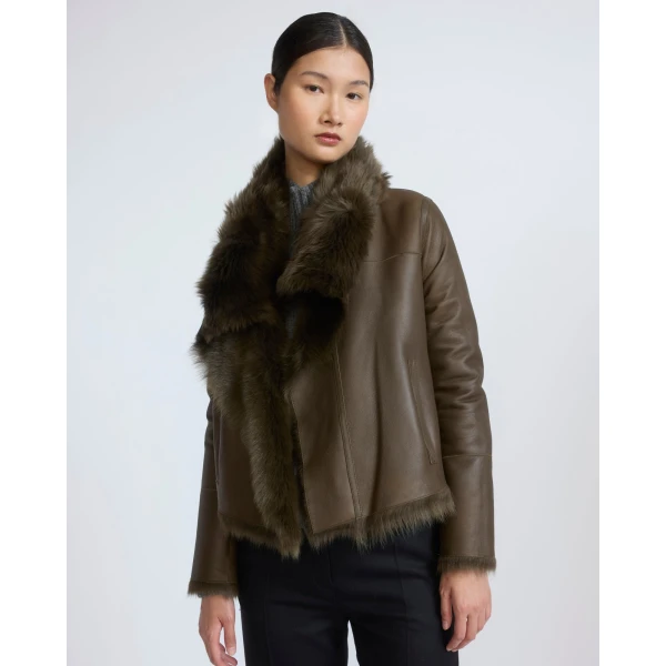 Yves Salomon Short Toscana Lambskin Jacket in Khaki Green | Shearling Jackets | Coveti