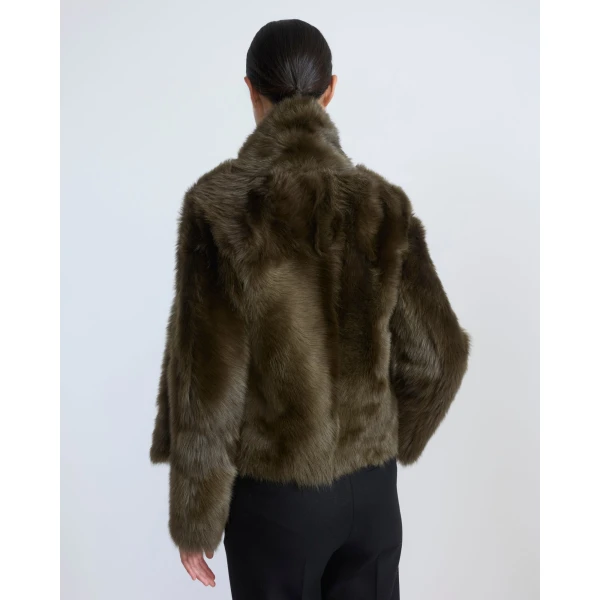 Yves Salomon Short Toscana Lambskin Jacket in Khaki Green | Shearling Jackets | Coveti