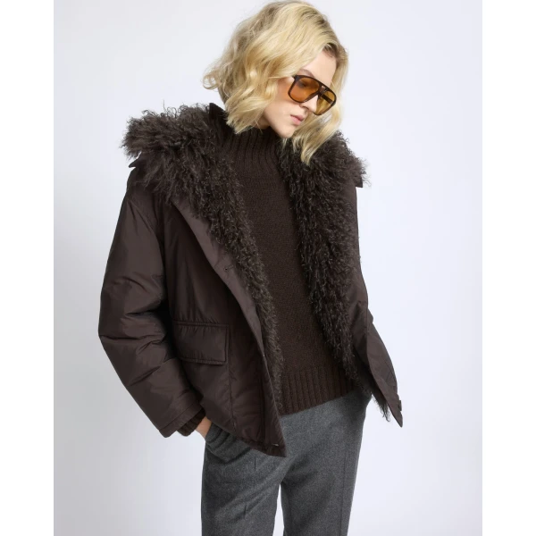 Yves Salomon Short Ultra-Light Down Jacket with Curly Lambskin Trim in Brown | Jackets | Coveti