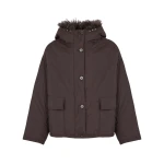 Yves Salomon Short Ultra-Light Down Jacket with Curly Lambskin Trim in Brown | Jackets | Coveti