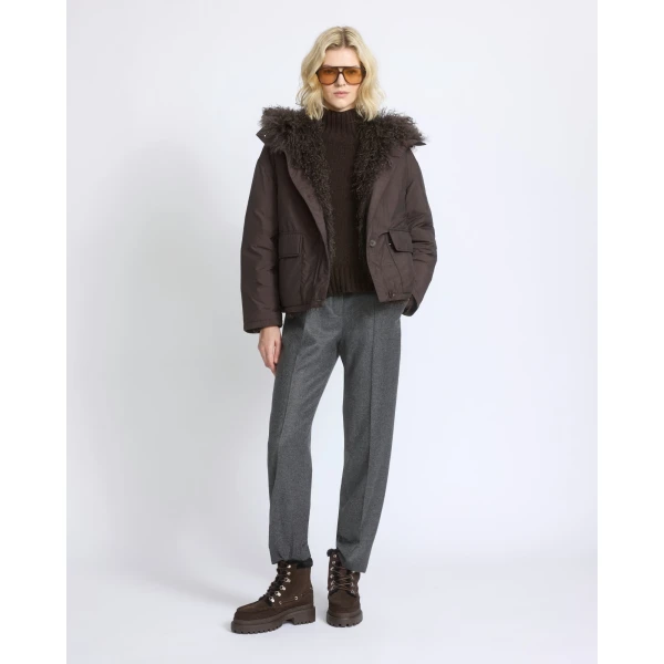 Yves Salomon Short Ultra-Light Down Jacket with Curly Lambskin Trim in Brown | Jackets | Coveti