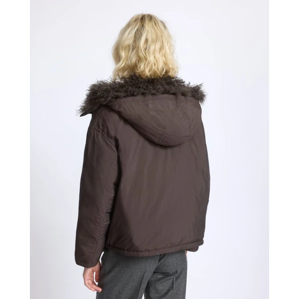 Yves Salomon Short Ultra-Light Down Jacket with Curly Lambskin Trim in Brown | Jackets | Coveti