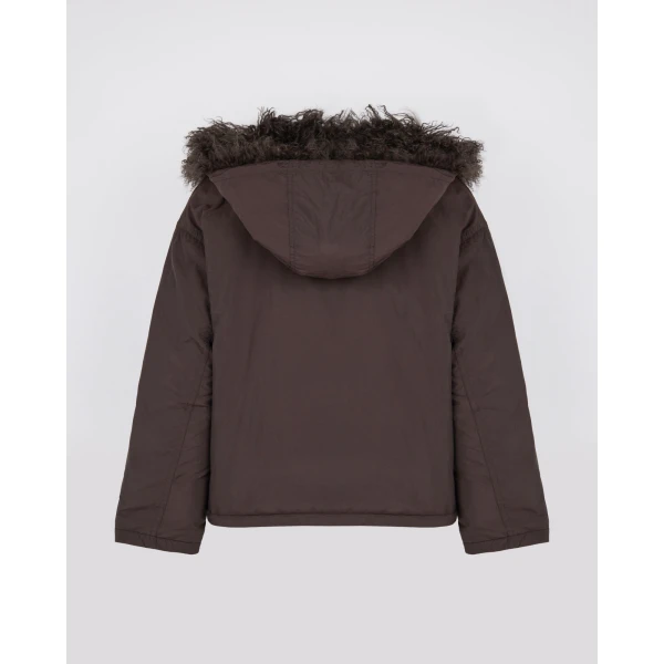 Yves Salomon Short Ultra-Light Down Jacket with Curly Lambskin Trim in Brown | Jackets | Coveti