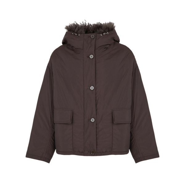 Yves Salomon Short Ultra-Light Down Jacket with Curly Lambskin Trim in Brown | Jackets | Coveti