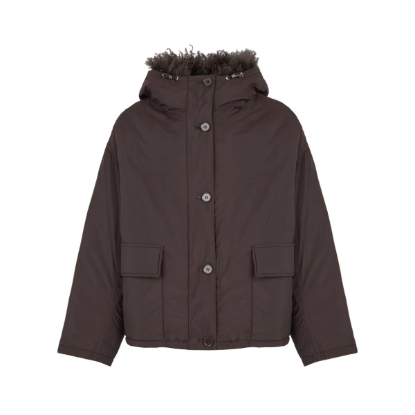 Yves Salomon Short Ultra-Light Down Jacket with Curly Lambskin Trim in Brown | Jackets | Coveti