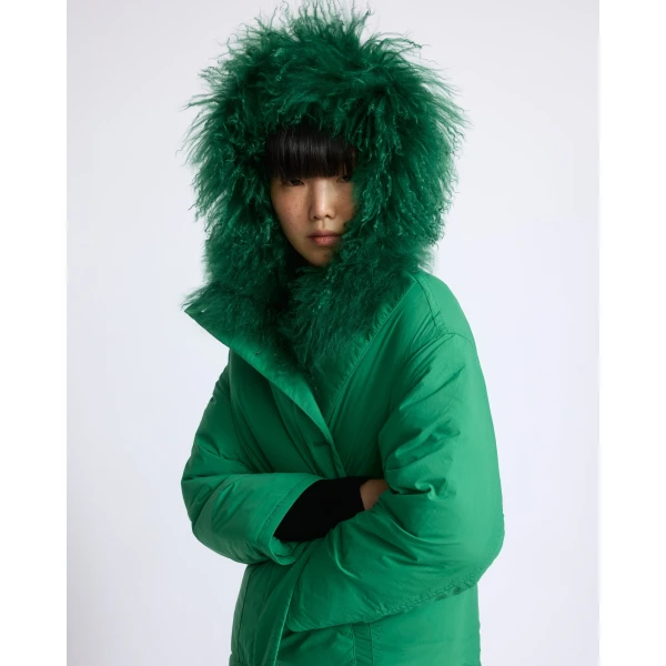 Yves Salomon Short Ultra-Light Down Jacket with Curly Lambskin Trim in Green | Jackets | Coveti