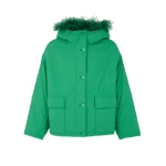 Yves Salomon Short Ultra-Light Down Jacket with Curly Lambskin Trim in Green | Jackets | Coveti