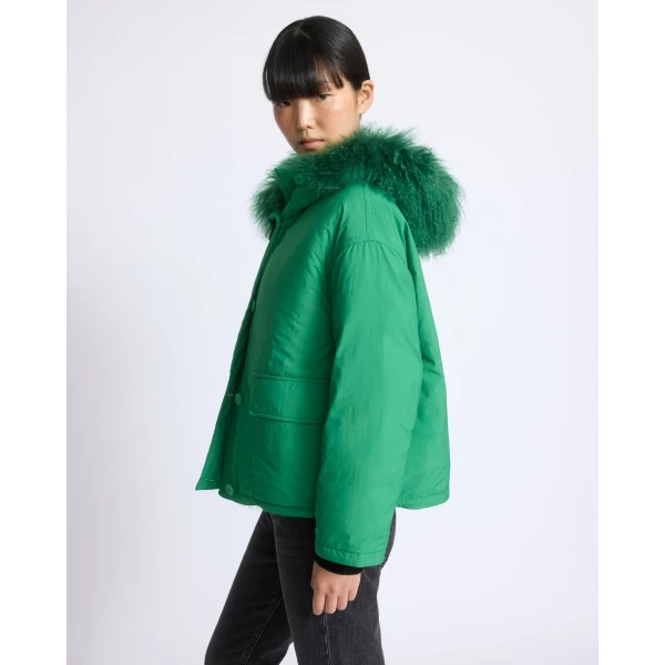 Yves Salomon Short Ultra-Light Down Jacket with Curly Lambskin Trim in Green | Jackets | Coveti