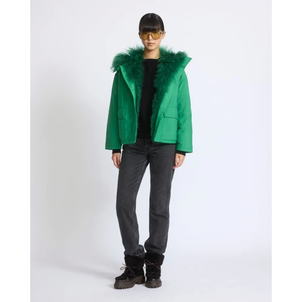 Yves Salomon Short Ultra-Light Down Jacket with Curly Lambskin Trim in Green | Jackets | Coveti