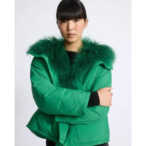 Yves Salomon Short Ultra-Light Down Jacket with Curly Lambskin Trim in Green | Jackets | Coveti