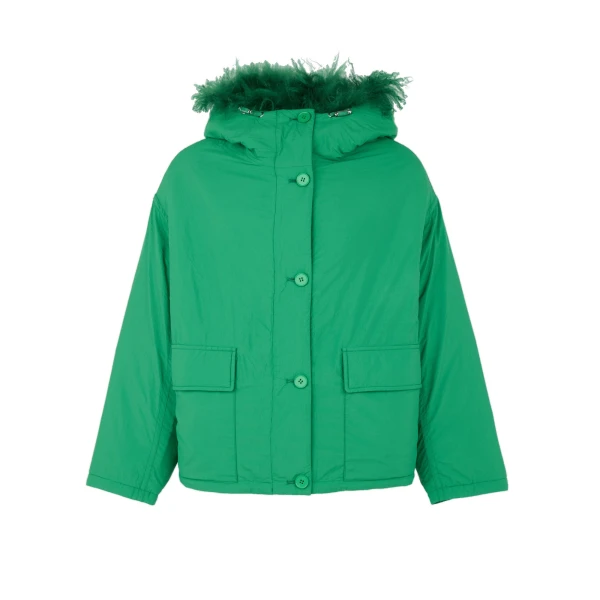 Yves Salomon Short Ultra-Light Down Jacket with Curly Lambskin Trim in Green | Jackets | Coveti