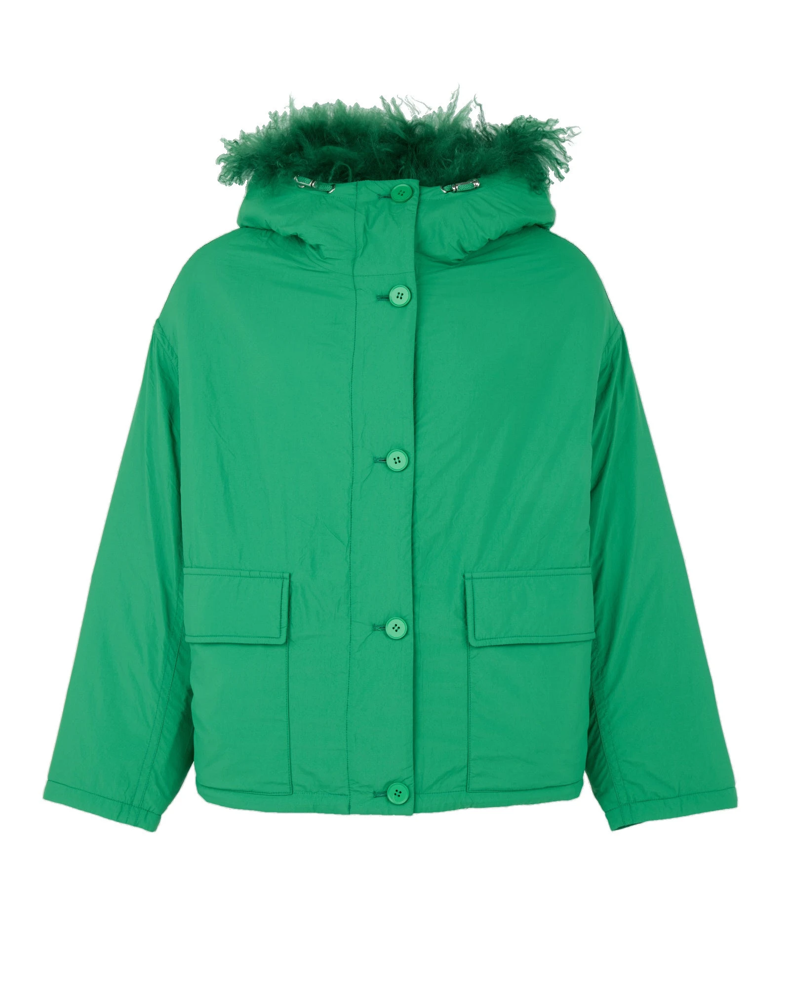 Yves Salomon Short Ultra-Light Down Jacket with Curly Lambskin Trim in Green Yves Salomon Short Ultra-Light Down Jacket with Curly Lambskin Trim in Green | Jackets | Coveti