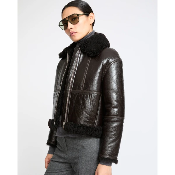 Yves Salomon Short Varnished Merinillo Lambskin Shearling Jacket in Brown | Shearling Jackets | Coveti