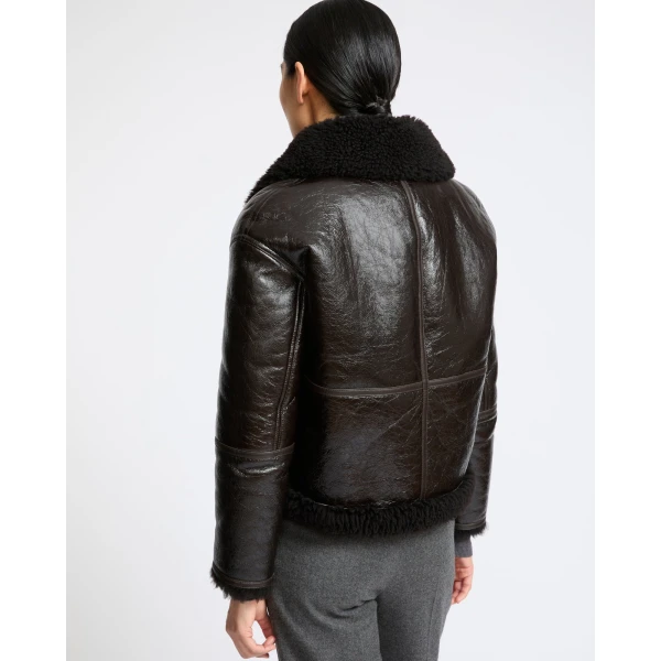 Yves Salomon Short Varnished Merinillo Lambskin Shearling Jacket in Brown | Shearling Jackets | Coveti