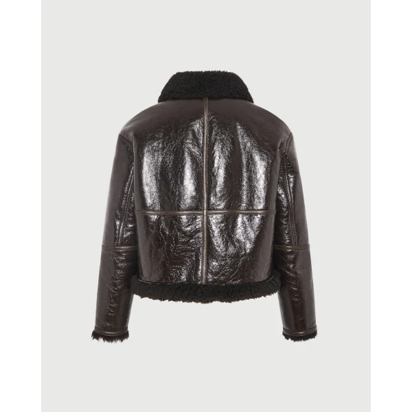 Yves Salomon Short Varnished Merinillo Lambskin Shearling Jacket in Brown | Shearling Jackets | Coveti