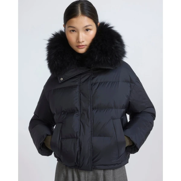 Yves Salomon Short Waterproof Down Jacket with Airy Lambswool Trim in Black | Jackets | Coveti