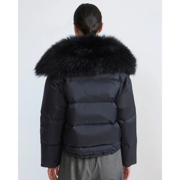 Yves Salomon Short Waterproof Down Jacket with Airy Lambswool Trim in Black | Jackets | Coveti