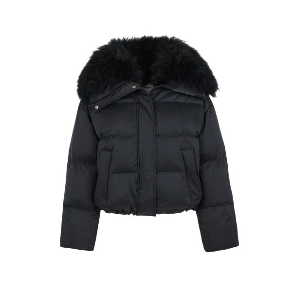 Yves Salomon Short Waterproof Down Jacket with Airy Lambswool Trim in Black | Jackets | Coveti