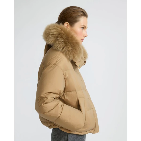 Yves Salomon Short Waterproof Down Jacket with Airy Lambswool Trim in Camel | Jackets | Coveti
