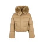 Yves Salomon Short Waterproof Down Jacket with Airy Lambswool Trim in Camel | Jackets | Coveti