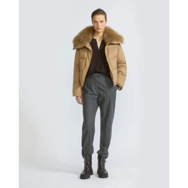 Yves Salomon Short Waterproof Down Jacket with Airy Lambswool Trim in Camel | Jackets | Coveti