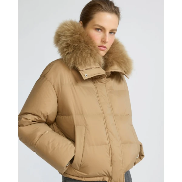 Yves Salomon Short Waterproof Down Jacket with Airy Lambswool Trim in Camel | Jackets | Coveti