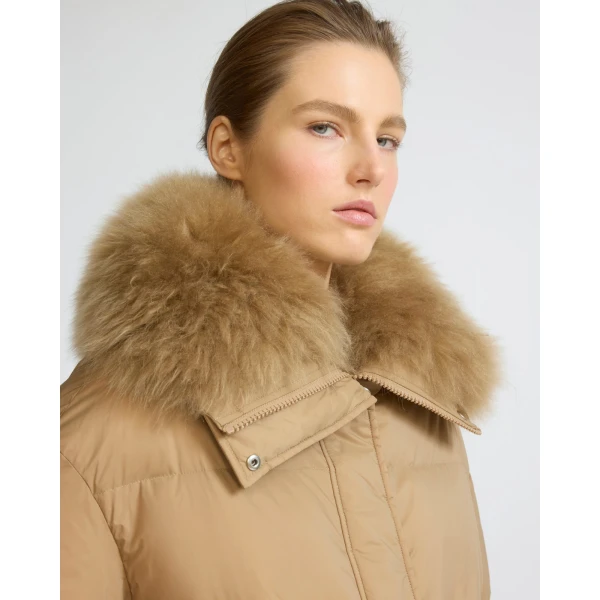 Yves Salomon Short Waterproof Down Jacket with Airy Lambswool Trim in Camel | Jackets | Coveti