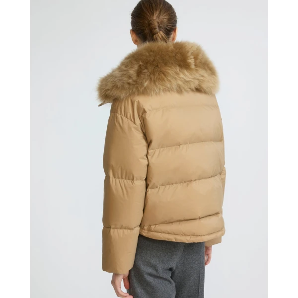 Yves Salomon Short Waterproof Down Jacket with Airy Lambswool Trim in Camel | Jackets | Coveti